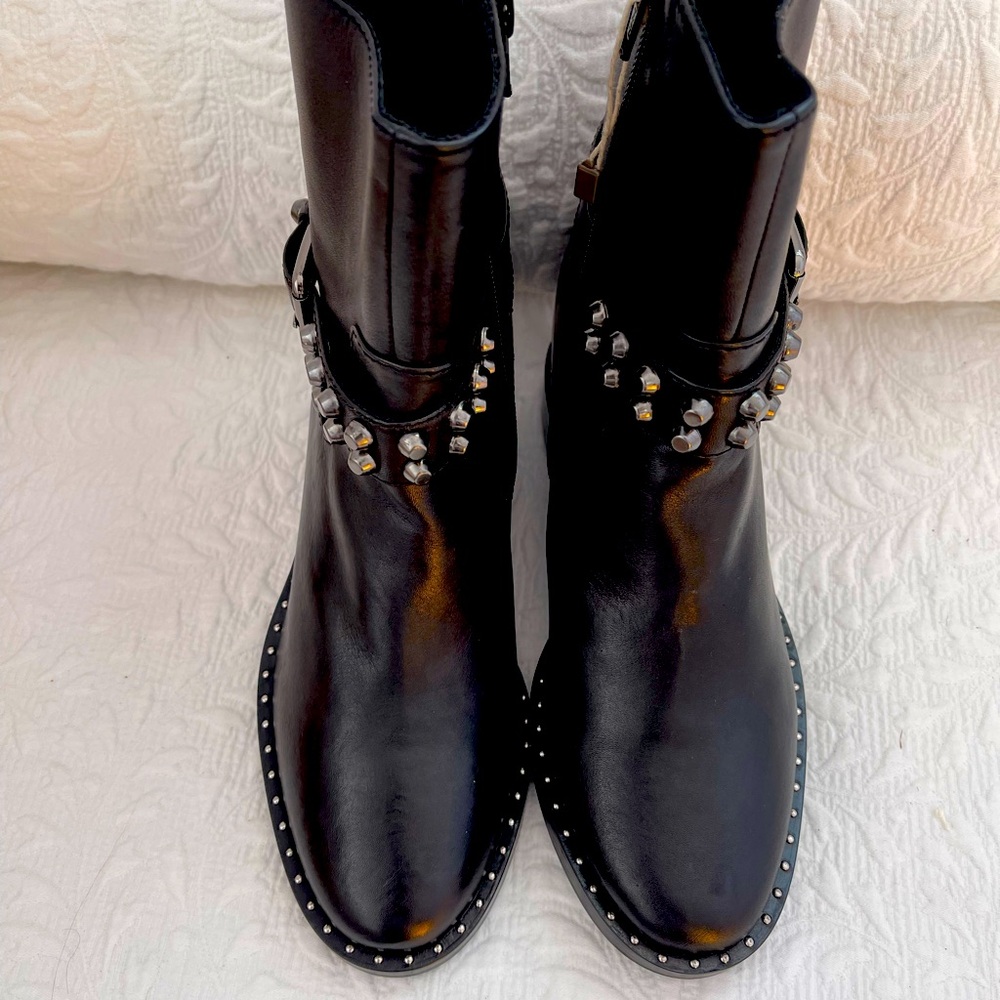 NIB-soft black leather moto boots with strap detailing, studs, side zipper